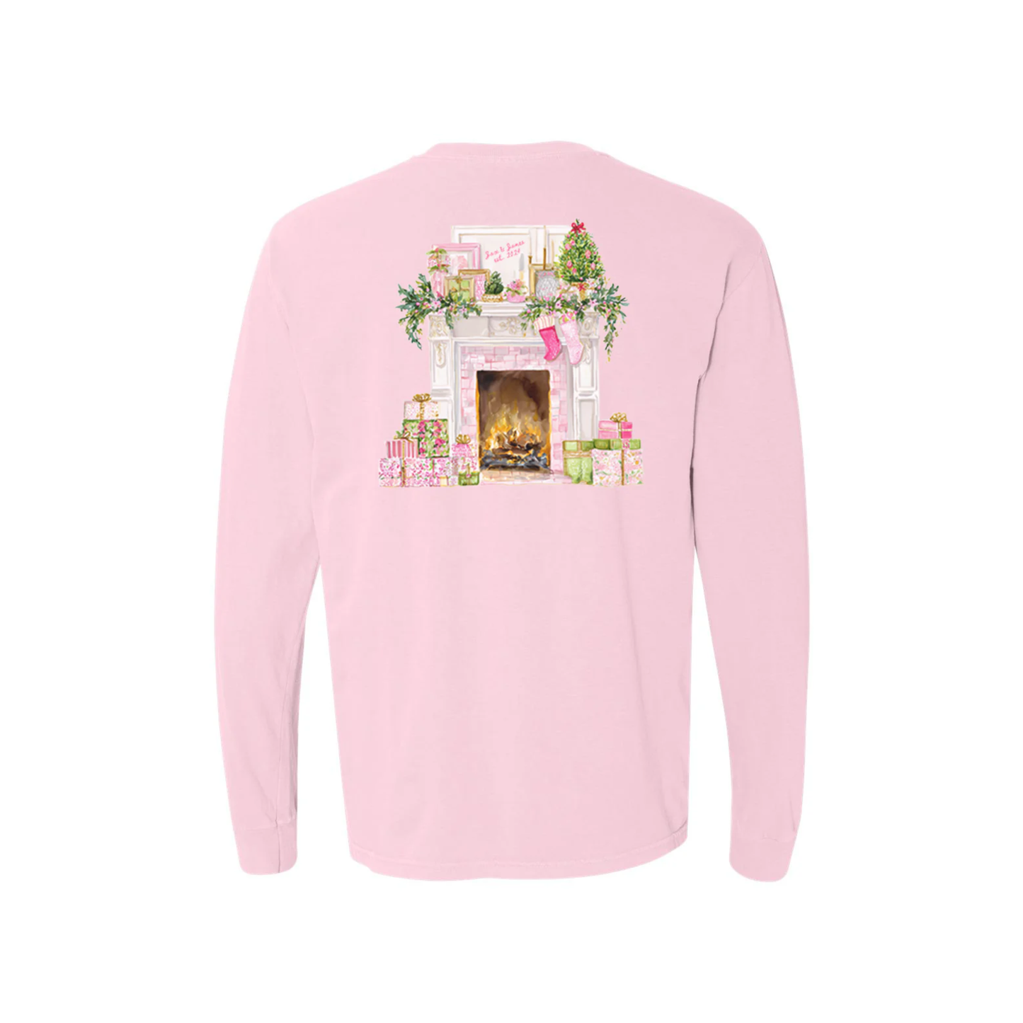 Pink Christmas Fireplace Long Sleeve Graphic Tee
