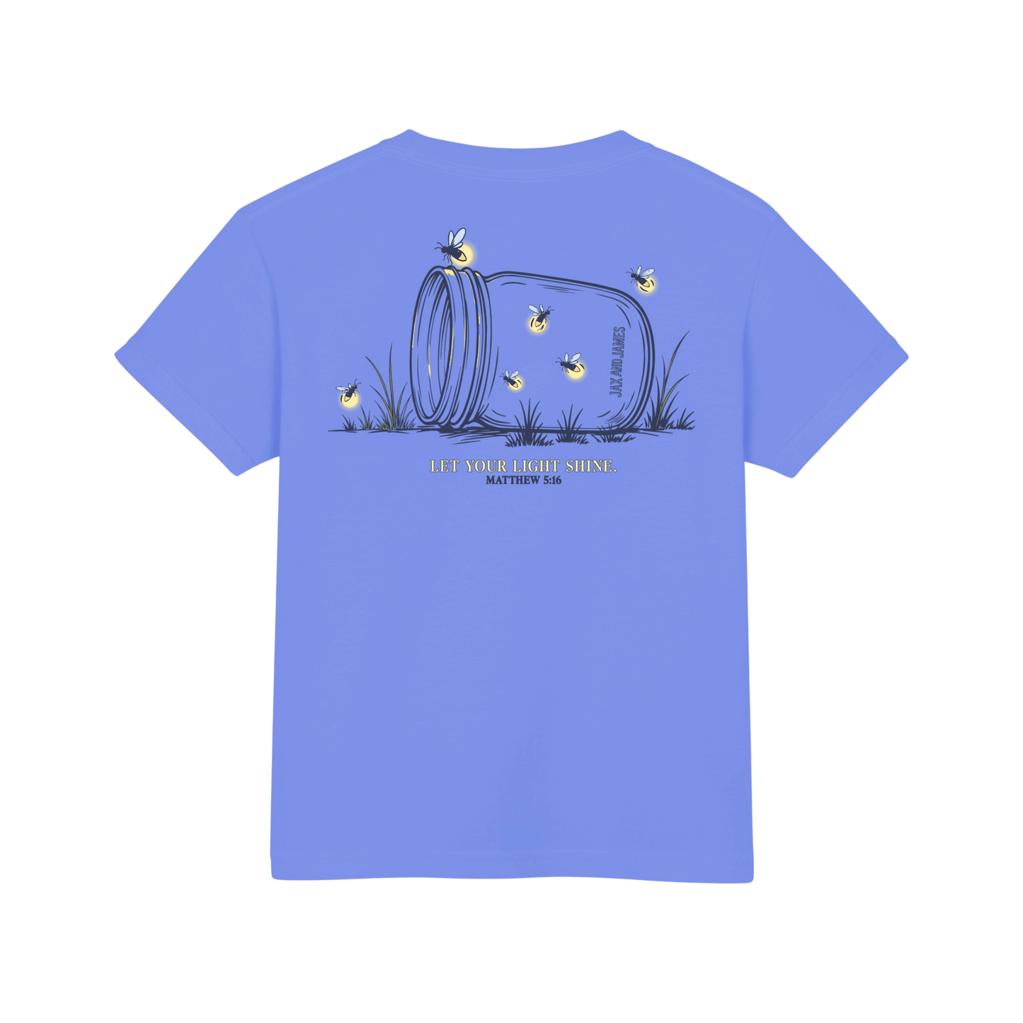 Blue t-shirt with a summer graphic design on the back featuring a mason jar and fireflies. Bible verse text.