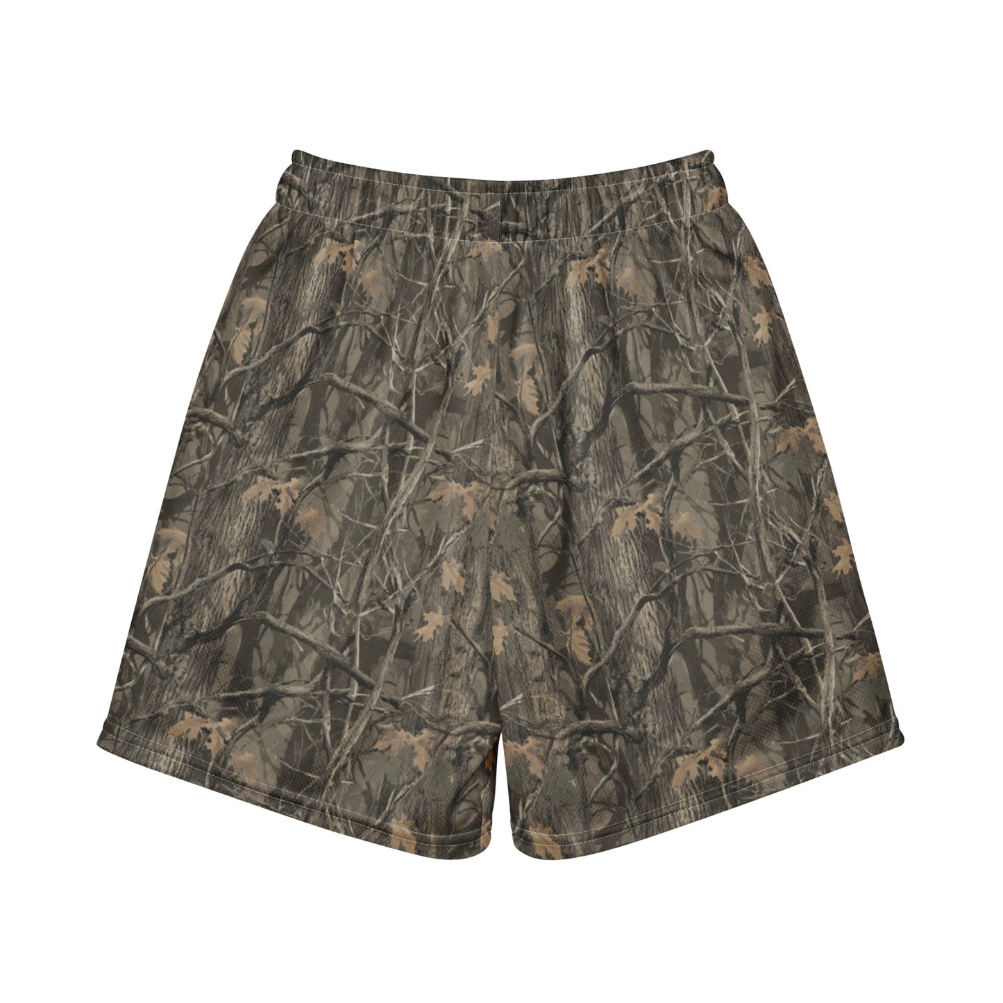 Jax and James Woodland Camo Youth Mesh Shorts in dark brown, olive and black tree camo, back view