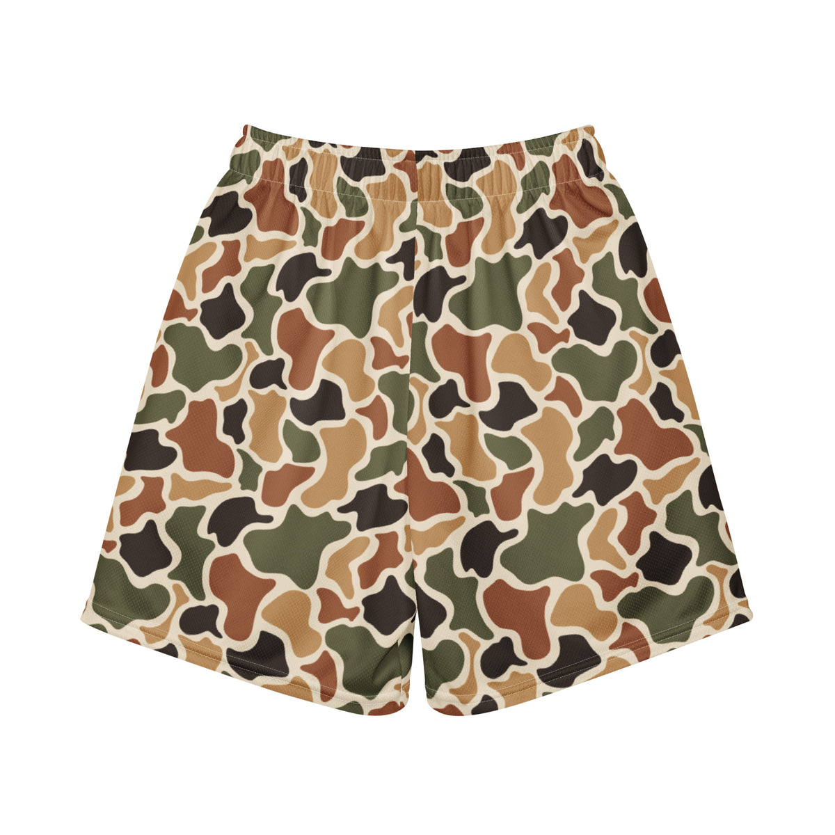 Jax and James Duck Camo Youth Mesh Shorts in brown, tan and olive traditional duck camo, back view