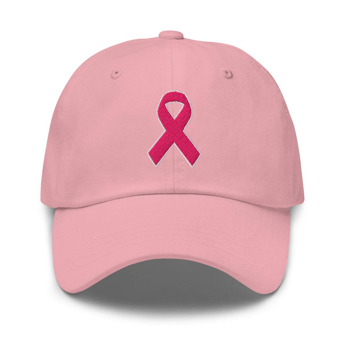 Front view of a pink baseball hat with an embroidered pink awareness ribbon