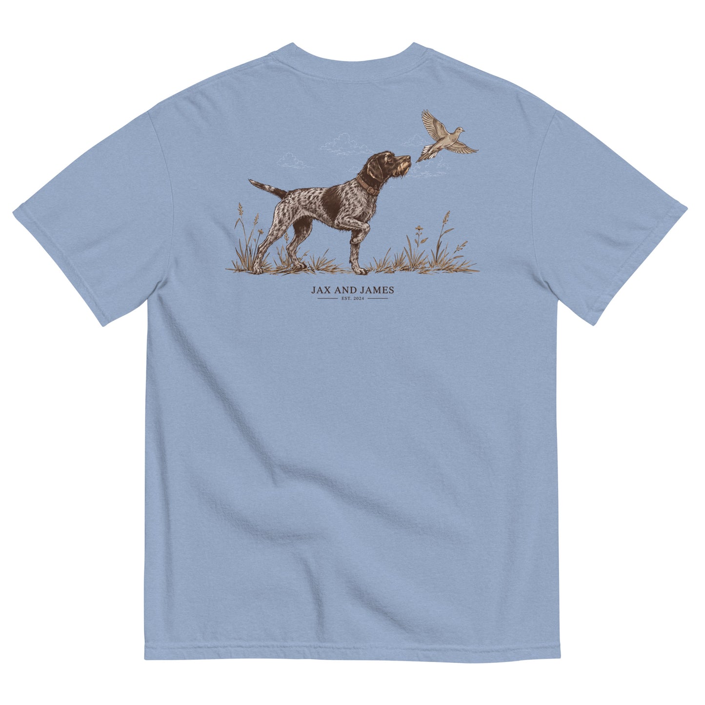 German Wirehaired Pointer and upland bird design on the back of a Washed Denim garment-dyed t-shirt