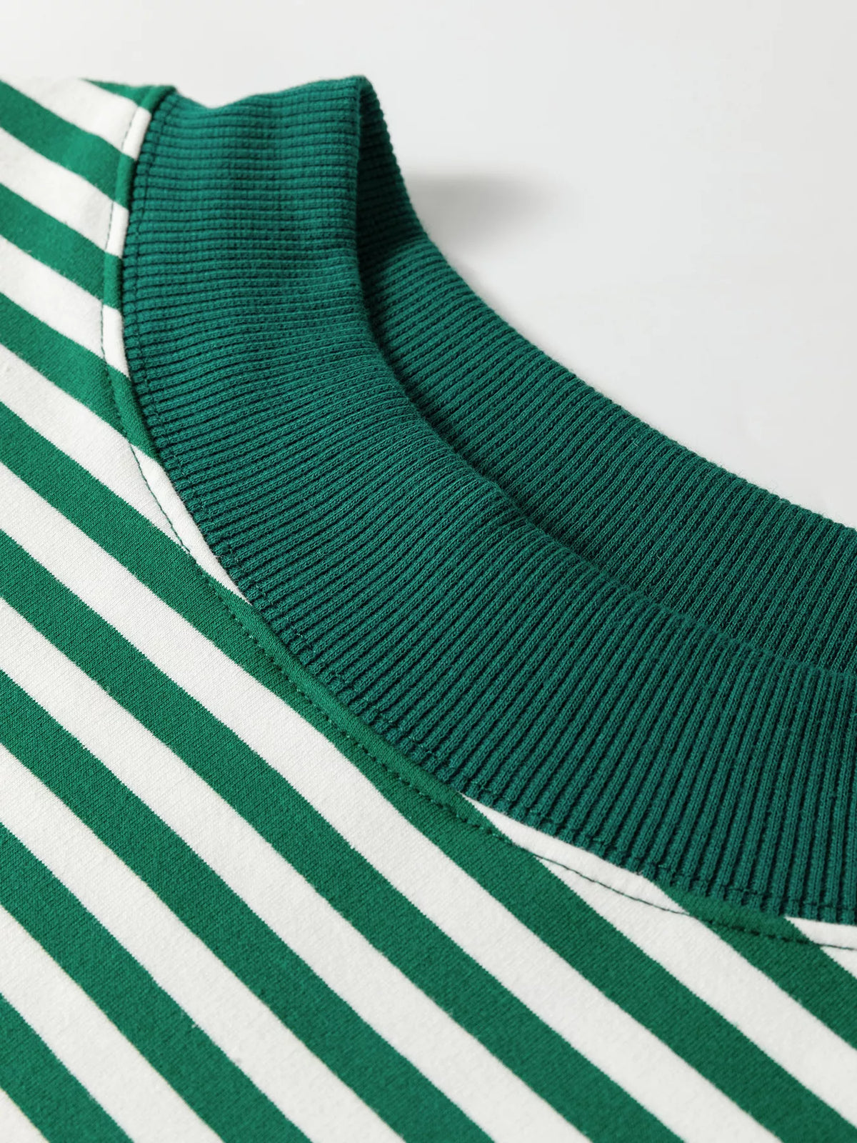 Close-up of the green ribbed mock neck collar and white stripes