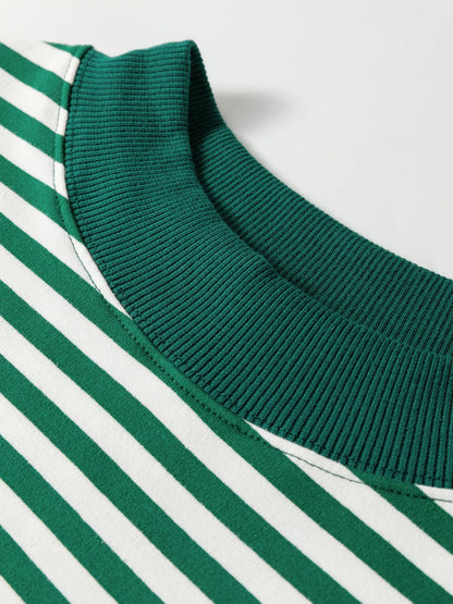 Close-up of the green ribbed mock neck collar and white stripes