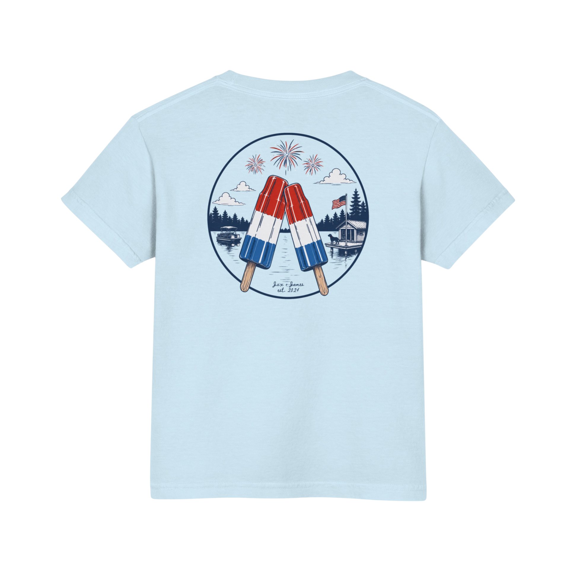 Light blue t-shirt with a graphic of two popsicles and fireworks on the back, on a white background.