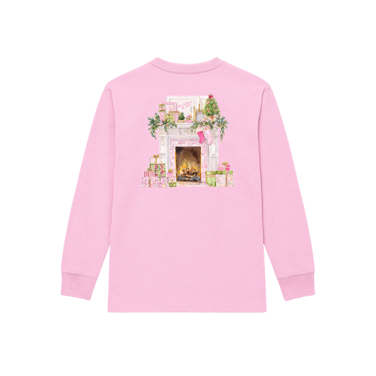 Pink Christmas Fireplace Long Sleeve Graphic Tee