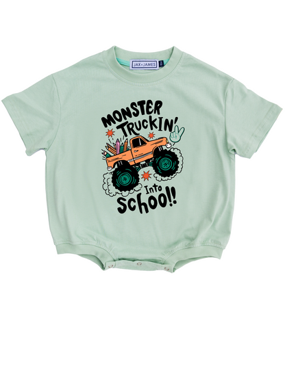 Jax and James Monster Truck School Bubble Romper Southern Lifestyle Apparel