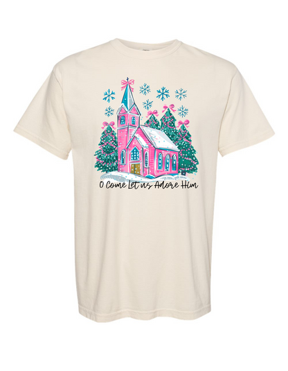 Christmas Pink Church Comfort Color Tee