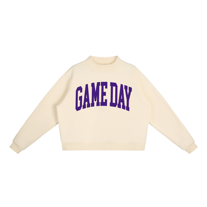 Game Day Mock Neck Sweatshirt in Ivory with Purple artwork