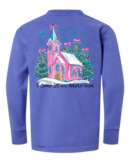 Christmas Pink Church Long Sleeve Comfort Colors + ComfortWash Tee