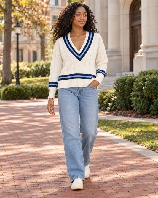 Varsity Tipped Cable V-Neck Sweater