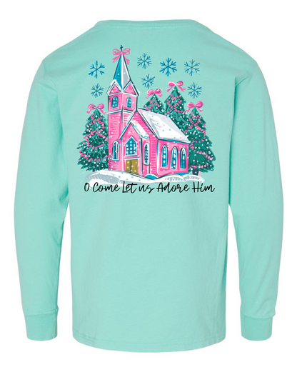 Christmas Pink Church Long Sleeve Comfort Colors + ComfortWash Tee