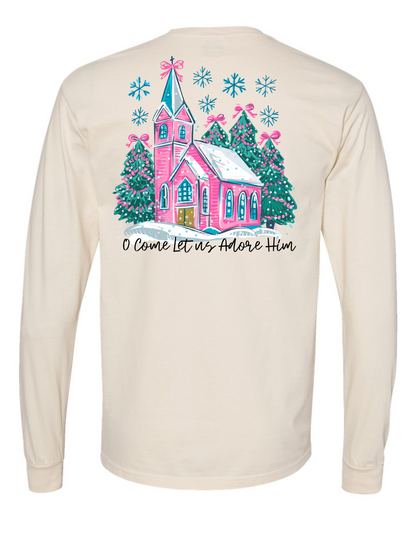 Christmas Pink Church Long Sleeve Comfort Colors + ComfortWash Tee