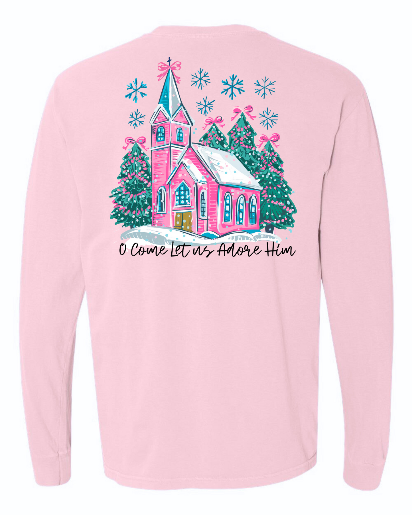 Christmas Pink Church Long Sleeve Comfort Colors + ComfortWash Tee