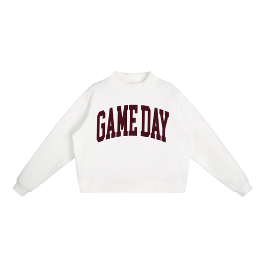 Game Day Mock Neck Sweatshirt in White with Maroon artwork