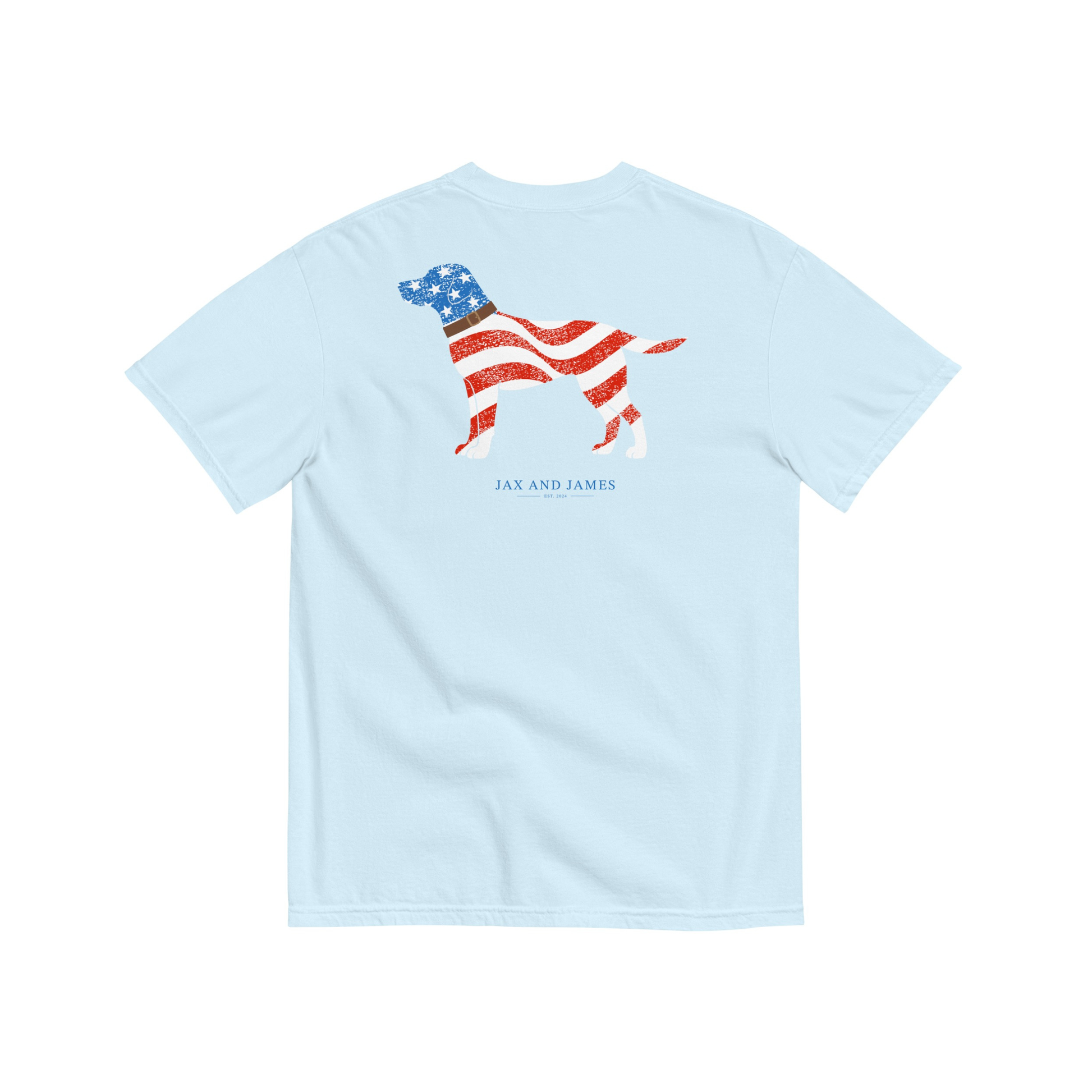 Light blue t-shirt with a dog graphic in American flag colors on a white background