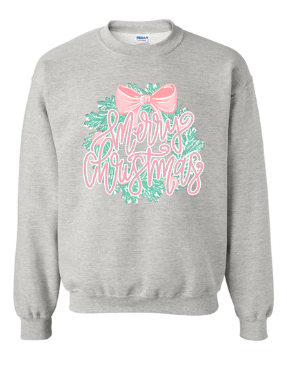 Glitter Merry Christmas Wreath Long Sleeve Specialty Tee