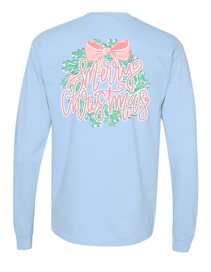 Glitter Merry Christmas Wreath Long Sleeve Comfort Color Tee