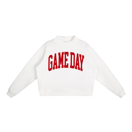 Game Day Mock Neck Sweatshirt in White with Red artwork