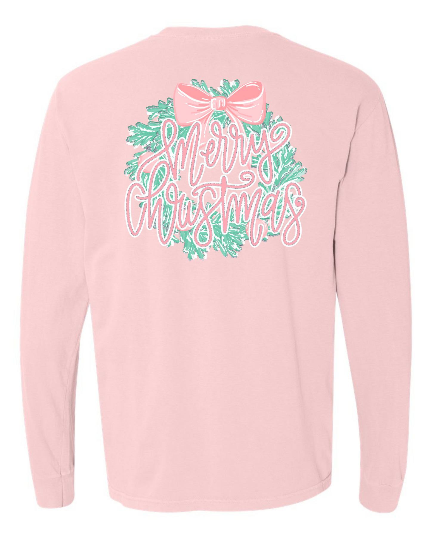 Glitter Merry Christmas Wreath Long Sleeve Comfort Color Tee