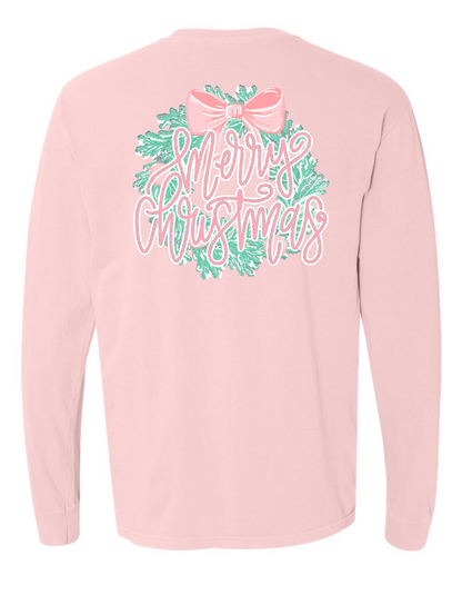 Glitter Merry Christmas Wreath Long Sleeve Comfort Color Tee