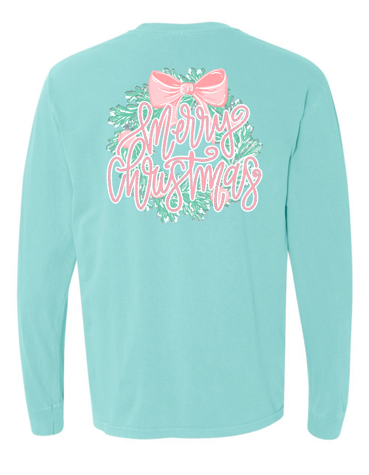 Glitter Merry Christmas Wreath Long Sleeve Comfort Color Tee