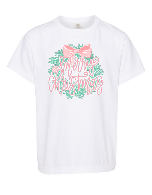 Glitter Merry Christmas Wreath Comfort Color Tee