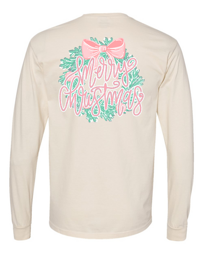 Glitter Merry Christmas Wreath Long Sleeve Comfort Color Tee