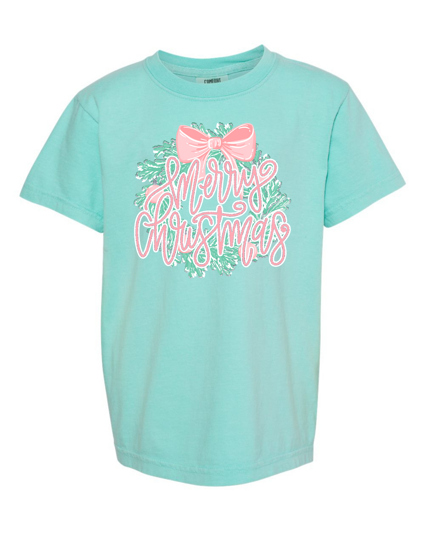 Glitter Merry Christmas Wreath Comfort Color Tee