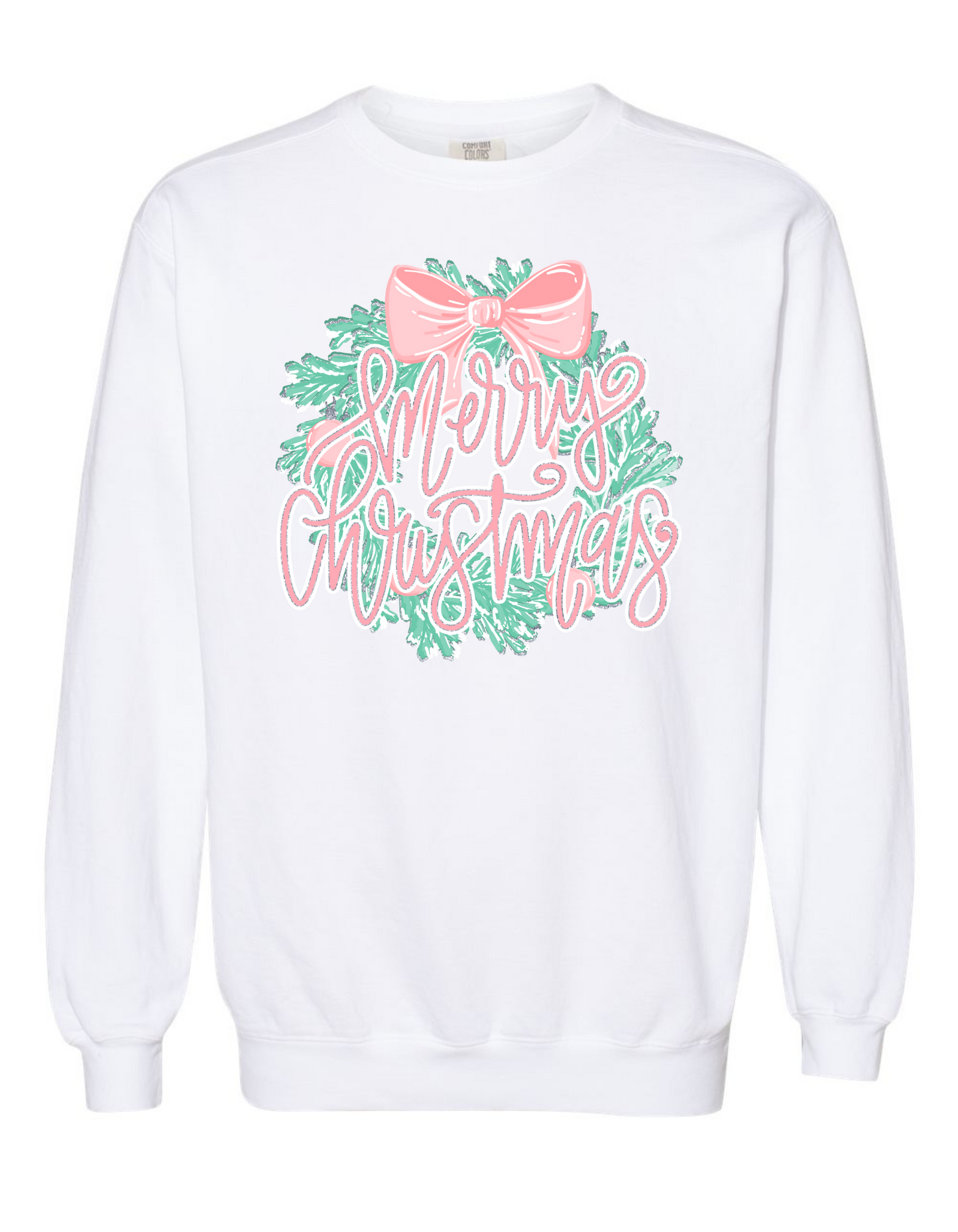 Glitter Merry Christmas Wreath Long Sleeve Comfort Color Tee