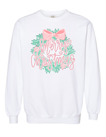 Glitter Merry Christmas Wreath Long Sleeve Comfort Color Tee