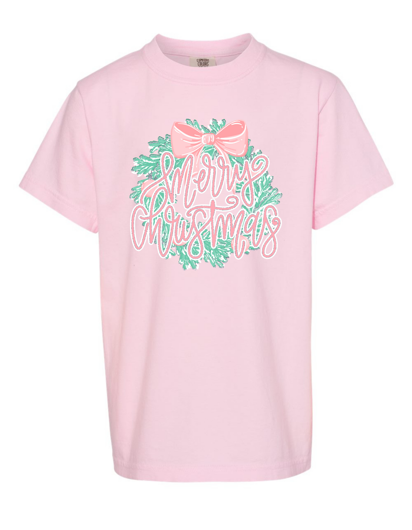 Glitter Merry Christmas Wreath Comfort Color Tee