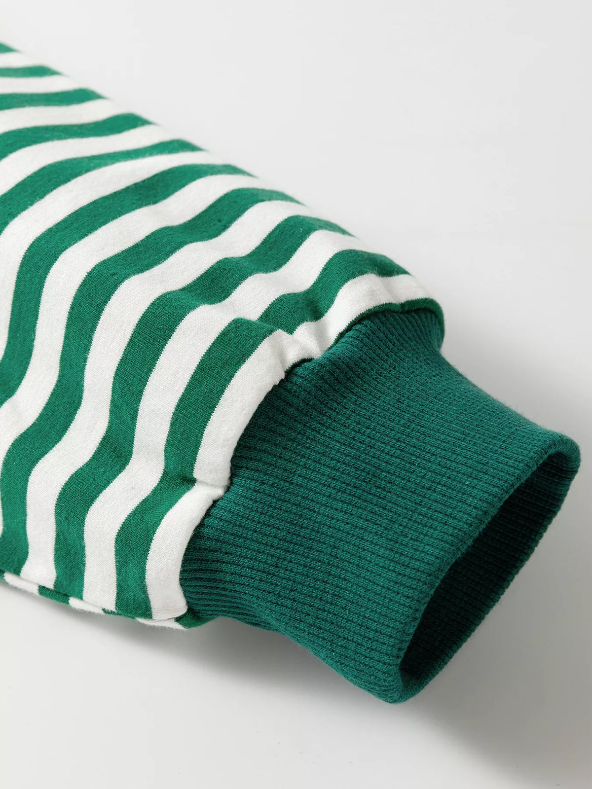Close-up of the striped sleeve and green ribbed cuff