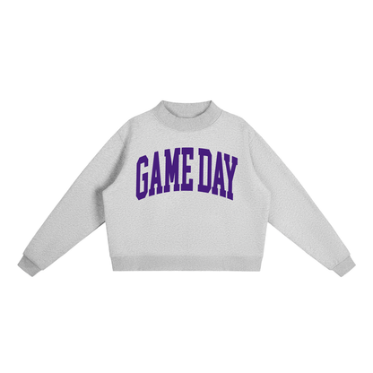 Game Day Mock Neck Sweatshirt in Heather Grey with Purple artwork