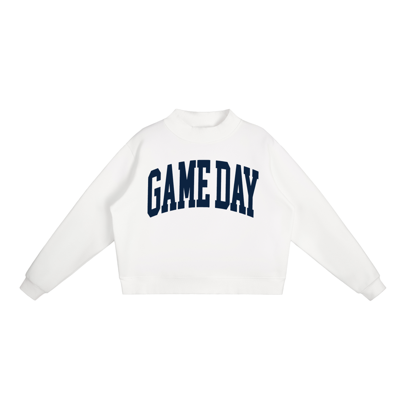 Game Day Mock Neck Sweatshirt in White with Navy artwork
