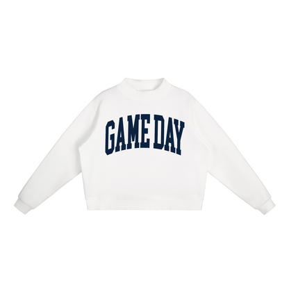 Game Day Mock Neck Sweatshirt in White with Navy artwork