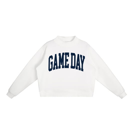 Game Day Mock Neck Sweatshirt in White with Navy artwork
