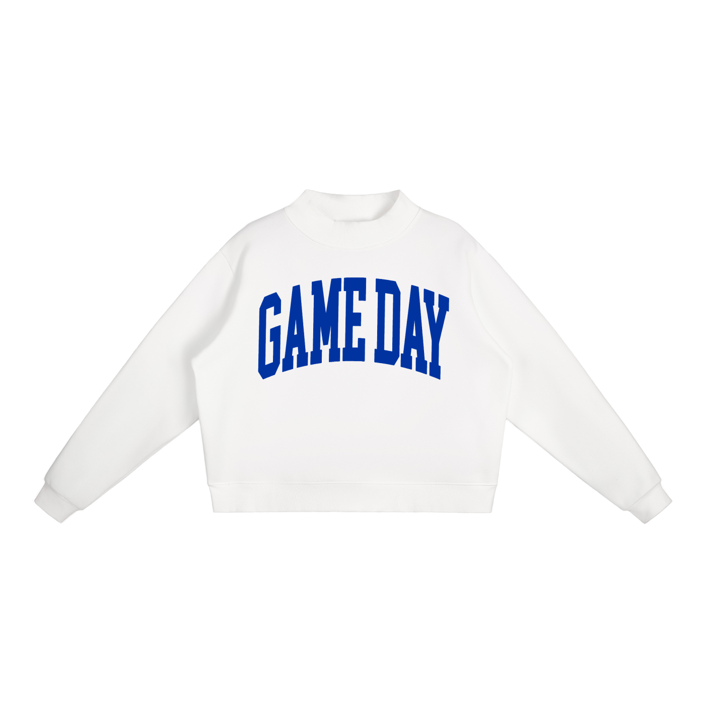 Game Day Mock Neck Sweatshirt in White with Royal Blue artwork