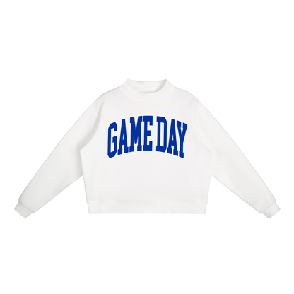 Game Day Mock Neck Sweatshirt in White with Royal Blue artwork