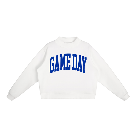Game Day Mock Neck Sweatshirt in White with Royal Blue artwork