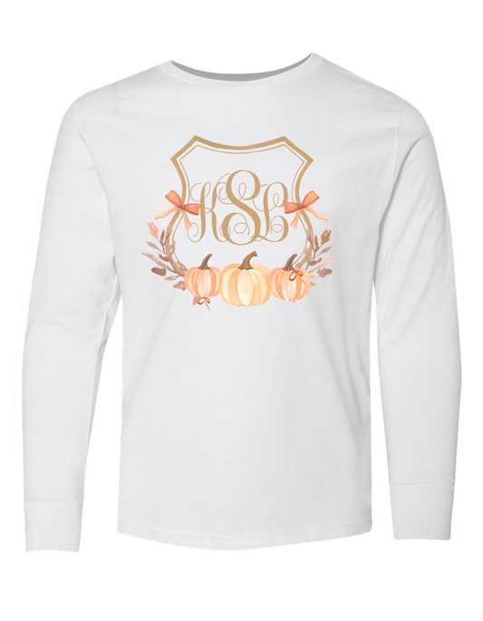 Girls Fall Pumpkins Crest Long Sleeve Specialty Tee