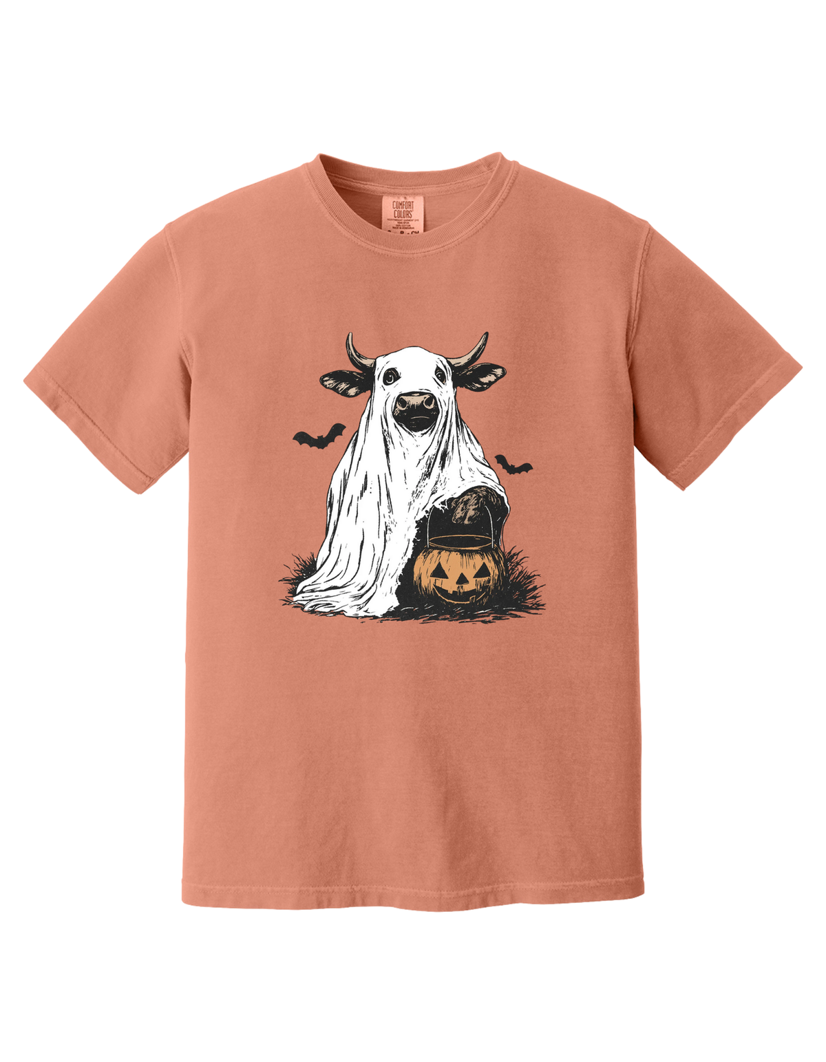 Terracotta youth t-shirt with a hand-drawn ghost cow