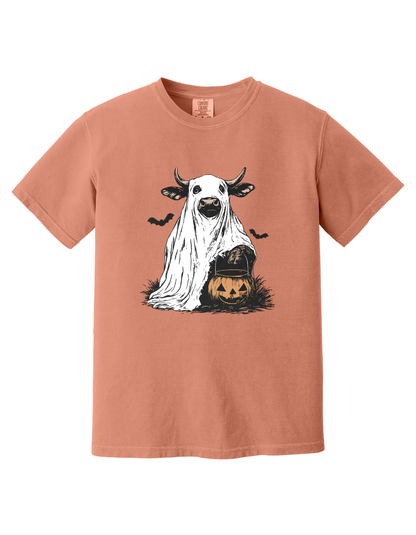 Terracotta youth t-shirt with a hand-drawn ghost cow