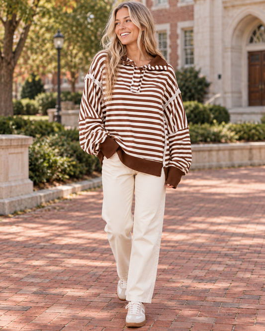 Oversized Striped Henley Sweatshirt