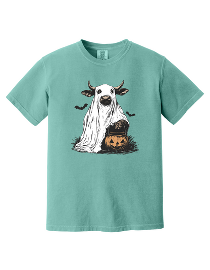 Seafoam youth t-shirt with a hand-drawn ghost cow