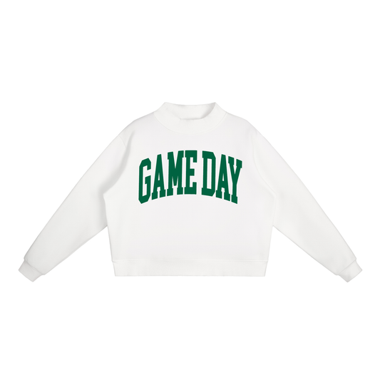 Game Day Mock Neck Sweatshirt in White with Green artwork