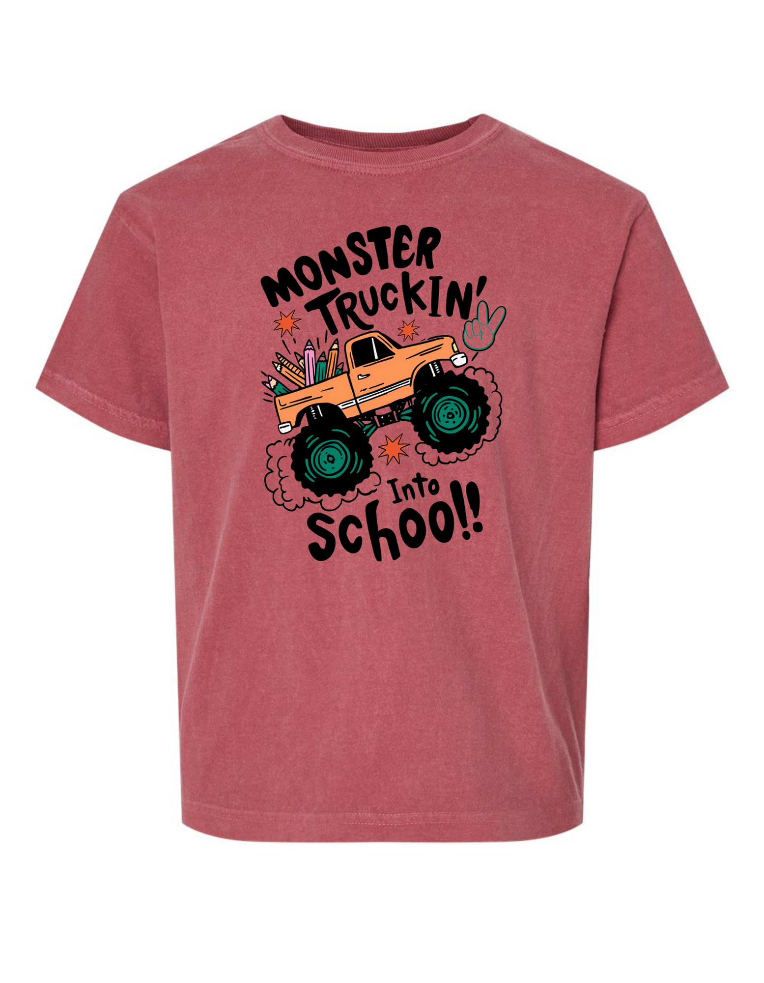 Jax and James Monster Truck School Tee Comfort Color Tee Crimson Southern Lifestyle Apparel
