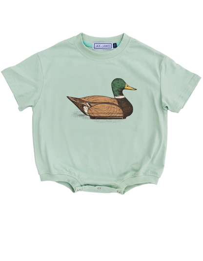 Sage Bubble Romper with a duck decoy design.