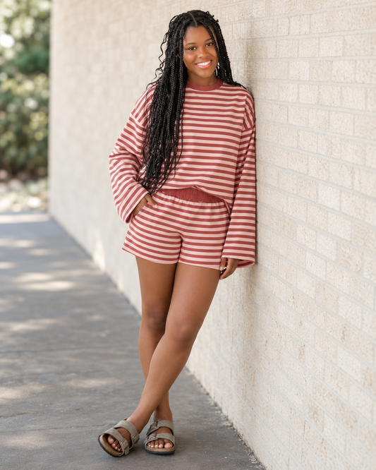 Relaxed Dusty Red Striped Shorts Set