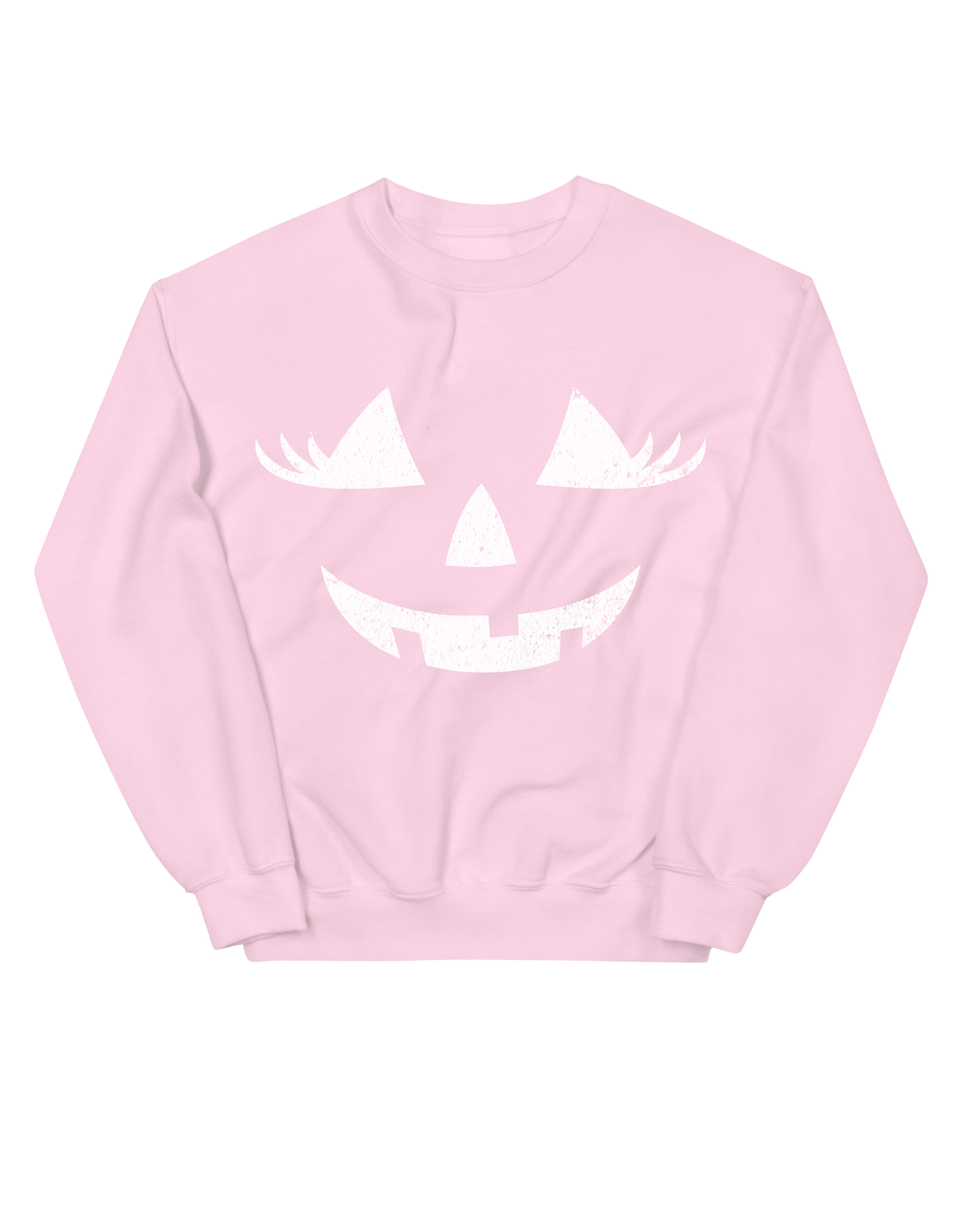 Crewneck sweatshirt with a distressed jack-o’-lantern face, shown flat